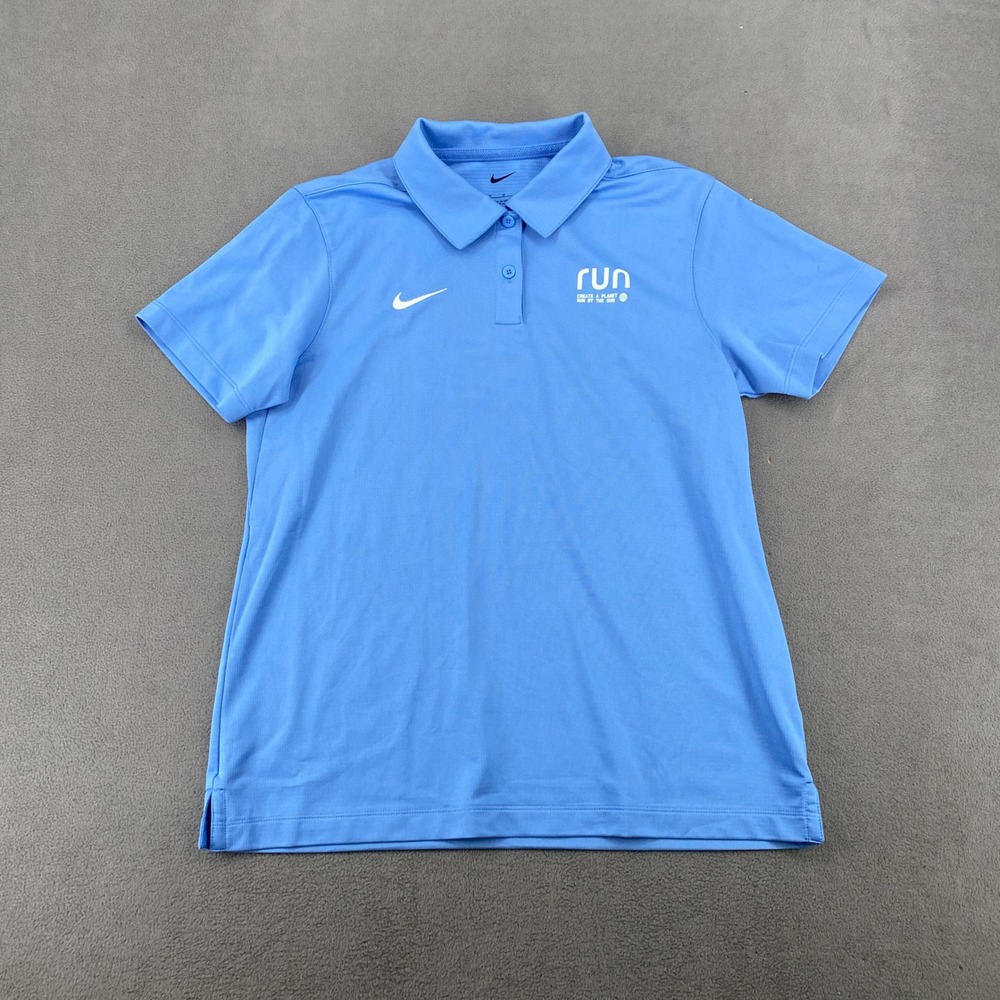 Nike Dri-FIT Polo Shirt Mens Medium Blue Run Create A Planet Short Sleeve Logo
